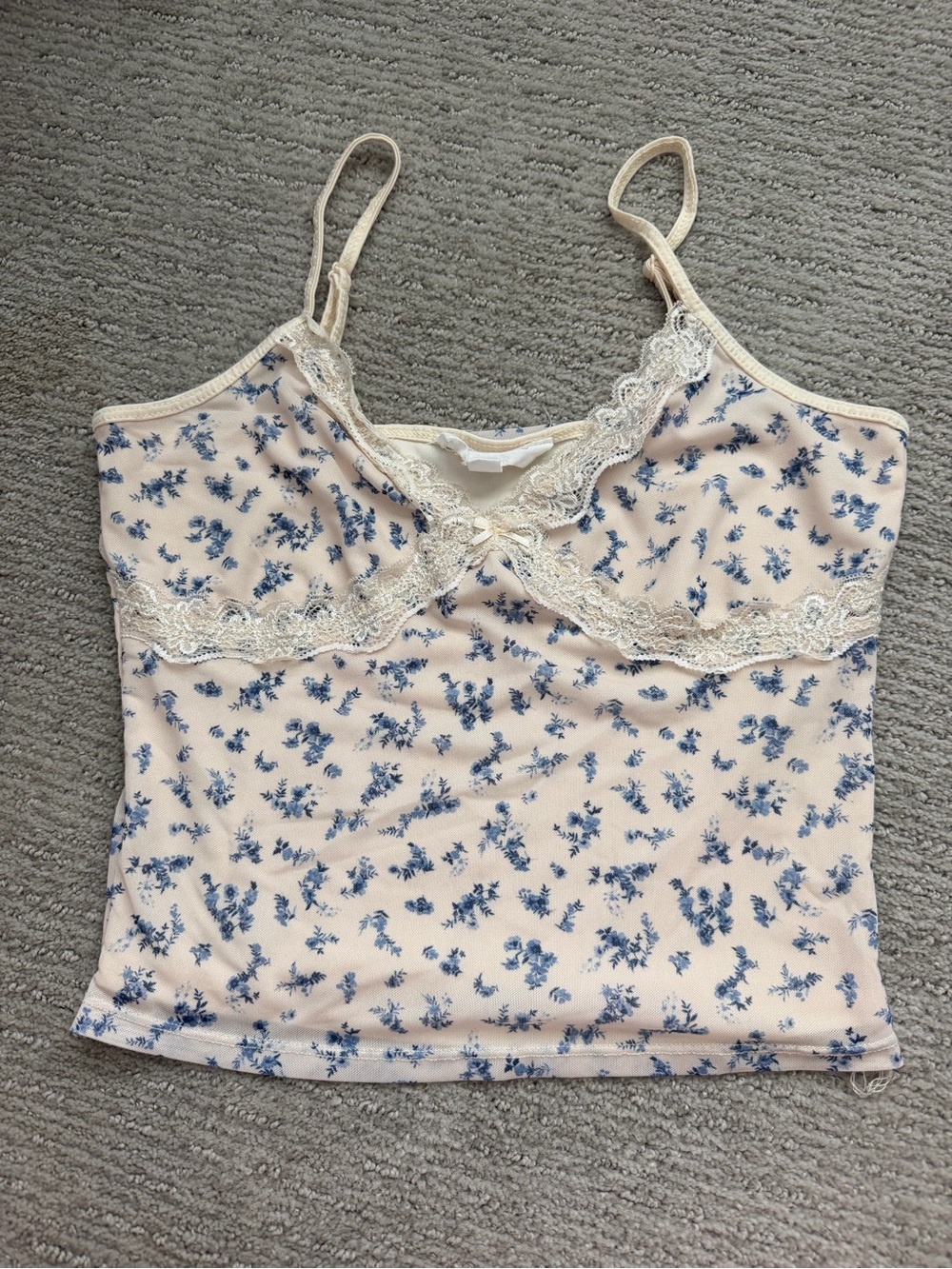 Pink Rose Blue Floral Lace-Trim Tank Top on Cream